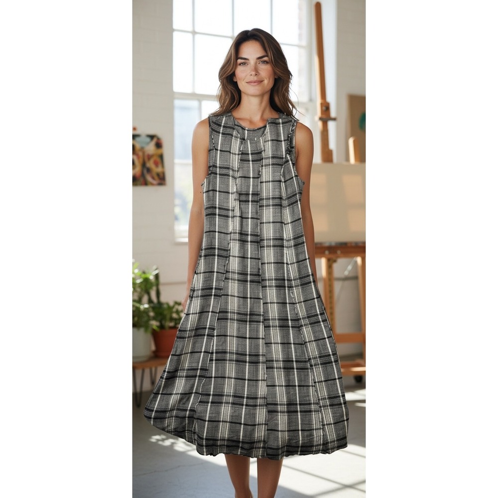 Zara‎ Woman Black White Plaid Frayed Seam Sleeveless Midi Dress Small